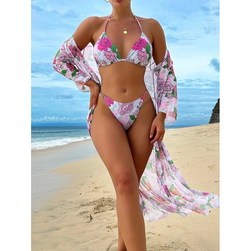 Maillot de Bain 3 pièces Femme Bikini Imprimé floral Taille Haute